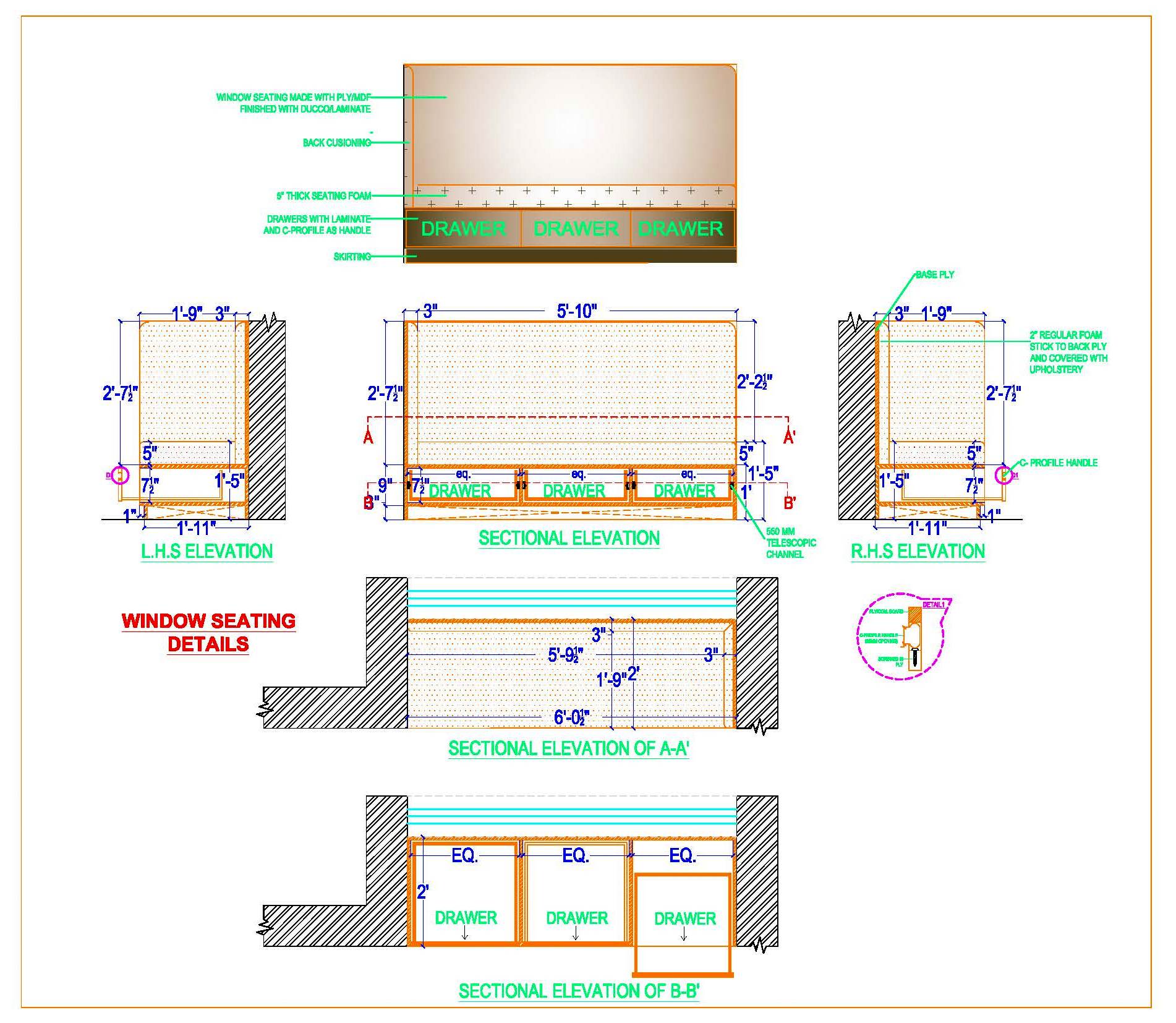 Window Seat_Bench CAD Design with Storage